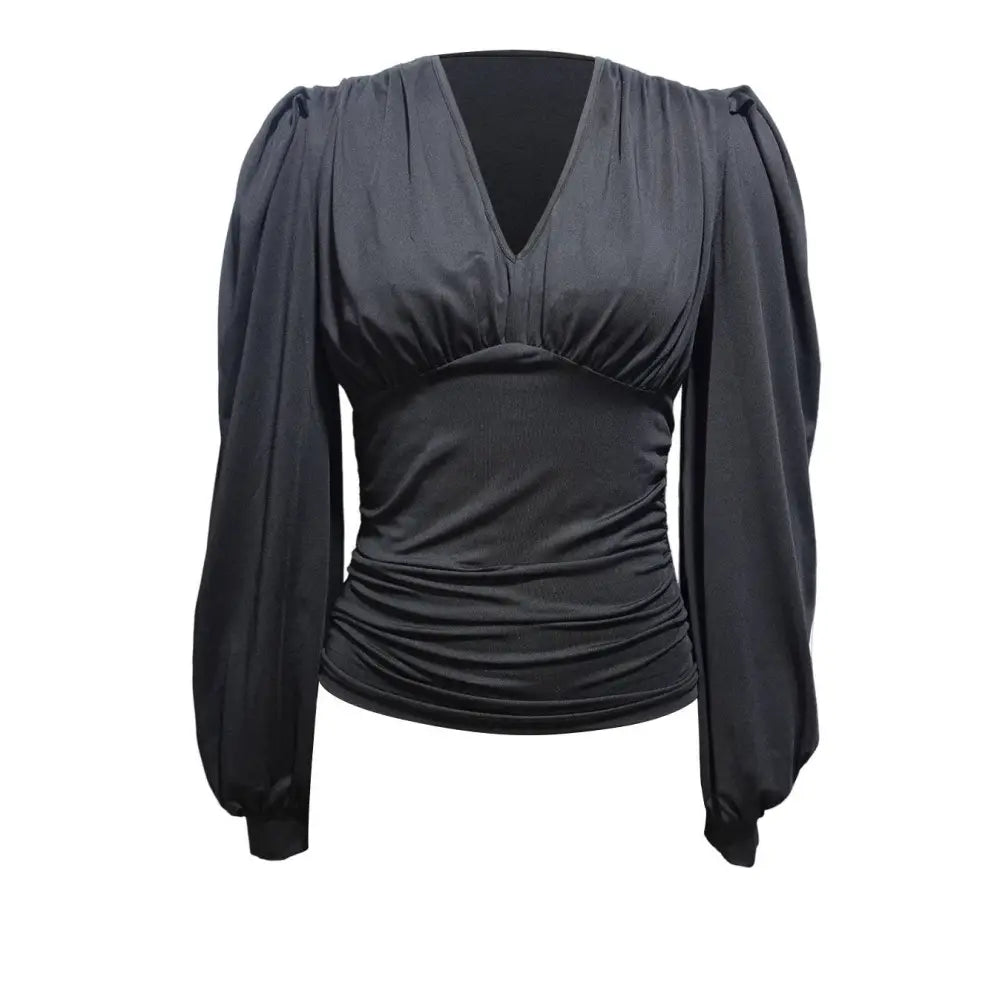 Black low head blouse with head lantern sleeve pleated v neck featuring black satin puffed sleeves and ruched bodice