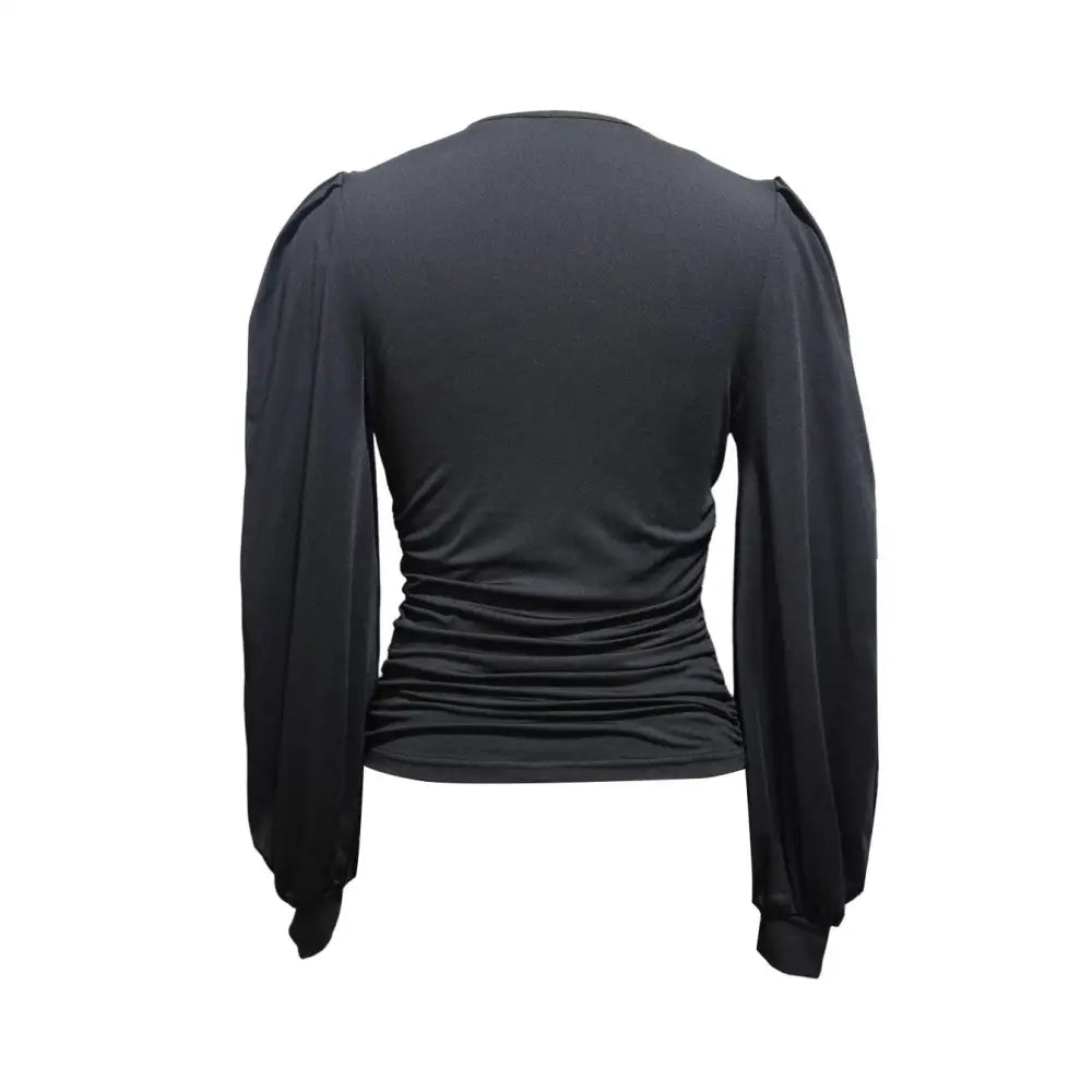 Black low head long-sleeved top with pleated v neck and head lantern sleeve featuring a ruched waistband