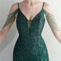 Emerald green sequined evening gown with delicate shoulder chains for black mesh beaded bridal wedding dinner events