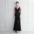 Elegant black mesh beaded bridal wedding dinner gown with sequined bodice sheer mesh sleeves and plunging neckline