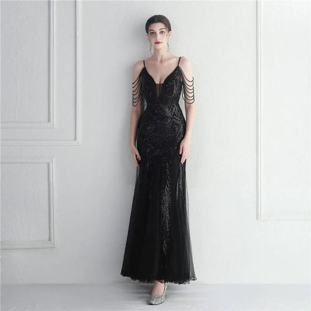 Elegant black mesh beaded bridal wedding dinner gown with sequined bodice sheer mesh sleeves and plunging neckline