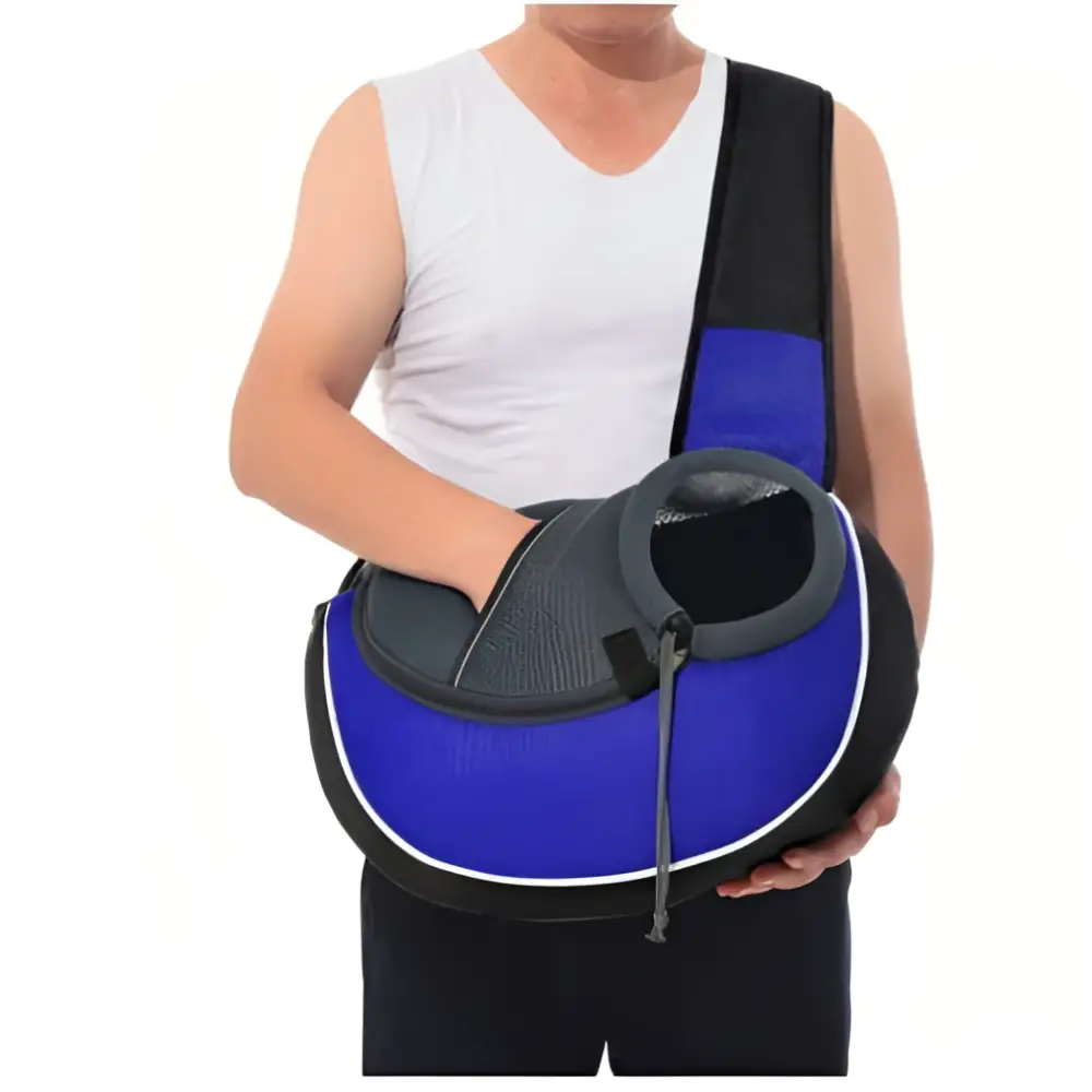 Black and blue mesh carrying pets bag for women with circular opening for easy access and outdoor use