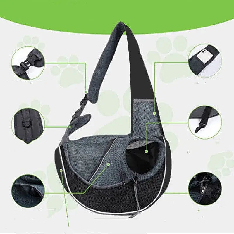 Black and gray mesh carrying pets bag with white trim designed for women outdoor use carrying small dogs