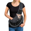 Gray mesh carrying pets bag with black trim and adjustable shoulder strap for women outdoor use
