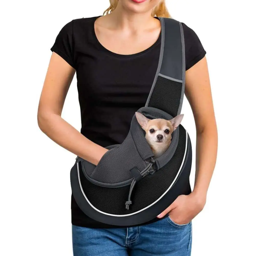 Gray mesh carrying pets bag with black trim and adjustable shoulder strap for women outdoor use