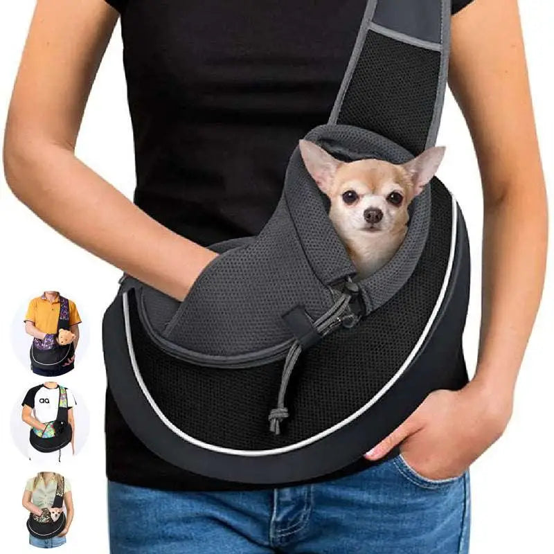 Black and gray mesh carrying pets bag with white trim designed for women outdoor use carrying small dogs
