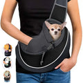 Black and gray mesh carrying pets bag with white trim designed for women outdoor use carrying small dogs