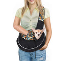 Black mesh carrying pets bag for women with geometric patterned straps and white trim for comfortable outdoor use