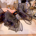 Black mesh rhinestone large Korean style flower clip with a black sheer organza bow and diamond-encrusted center accent