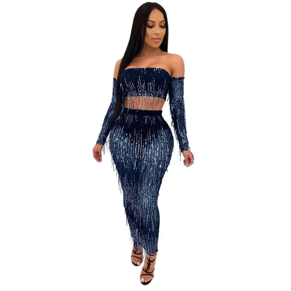 Navy blue mesh sequins tassel two piece set with strapless crop top and long fringe detailing for fashion sexy looks