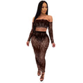 A shimmering brown mesh sequins tassel two piece set with long sleeves and fringe detailing for fashion sexy looks
