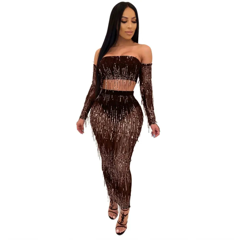 A shimmering brown mesh sequins tassel two piece set with long sleeves and fringe detailing for fashion sexy looks