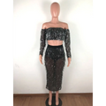 Black mesh sequins tassel two piece set with long sleeves and fringe detailing for fashion sexy occasions