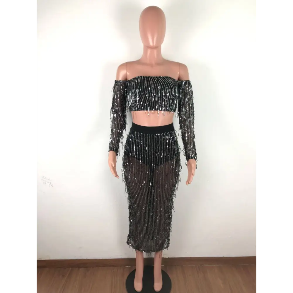 Black mesh sequins tassel two piece set with long sleeves and fringe detailing for fashion sexy occasions