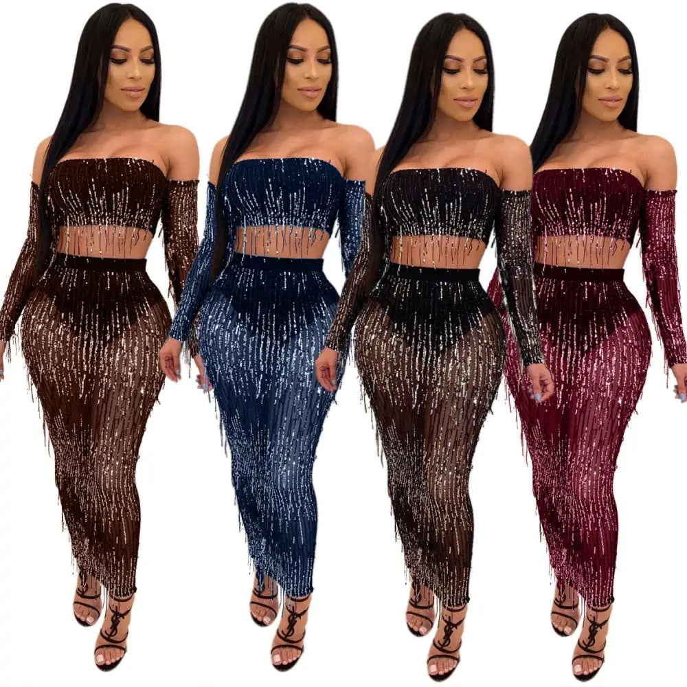 Four elegant off-shoulder tassel two piece sets in brown navy blue black and burgundy mesh sequins tassel fabric