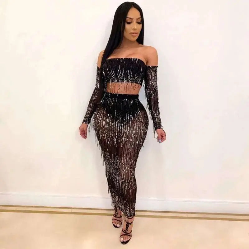 Black mesh sequins tassel two piece set featuring a black sequined and fringed long sleeve top with matching skirt