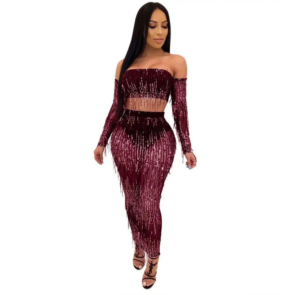 A shimmering burgundy mesh sequins tassel two piece set with long fringe on crop top and high-waisted pants