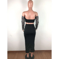 Black mesh sequins tassel two piece set featuring a fashion sexy off-the-shoulder crop top and high-waisted midi skirt