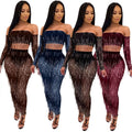 Four elegant off-shoulder tassel two piece sets in brown navy blue black and burgundy mesh sequins tassel fabric