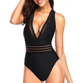 Black mesh women sexy one piece swimsuit deep v neck with sheer mesh panels accentuating the sides