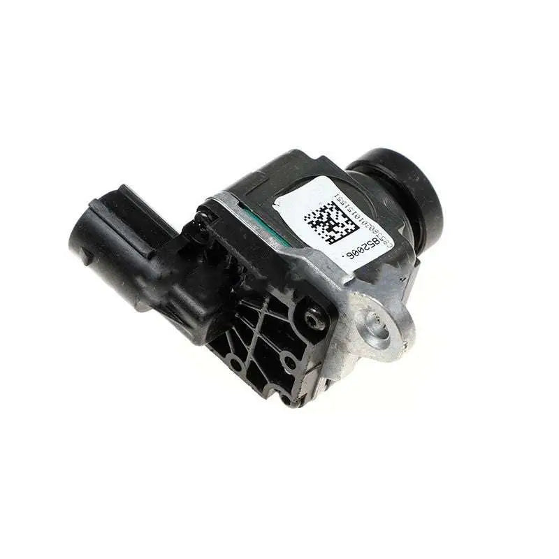 Black metal rearview reversing camera module showing back side with plastic and metal construction and qr code label