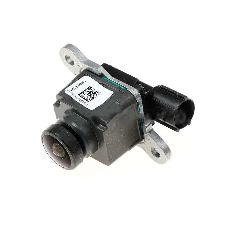 Black metal rearview reversing camera module showing back side with plastic and metal construction and qr code label