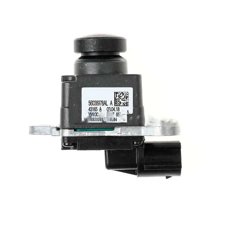 Black metal rear reversing camera module showing black plastic camera with metallic bracket and electrical connector on back side