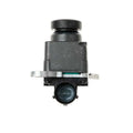 Black metal rear reversing camera module showing the back side with a metallic bracket and electrical connector