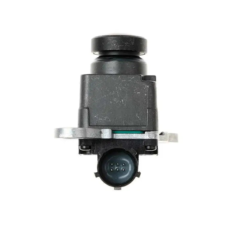 Black metal rear reversing camera module showing the back side with a metallic bracket and electrical connector