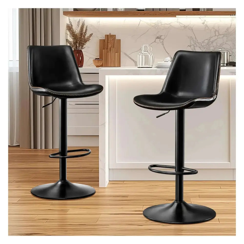 Black microfiber leather bar stool set of 2 with stitched detailing and adjustable height bases for home bars
