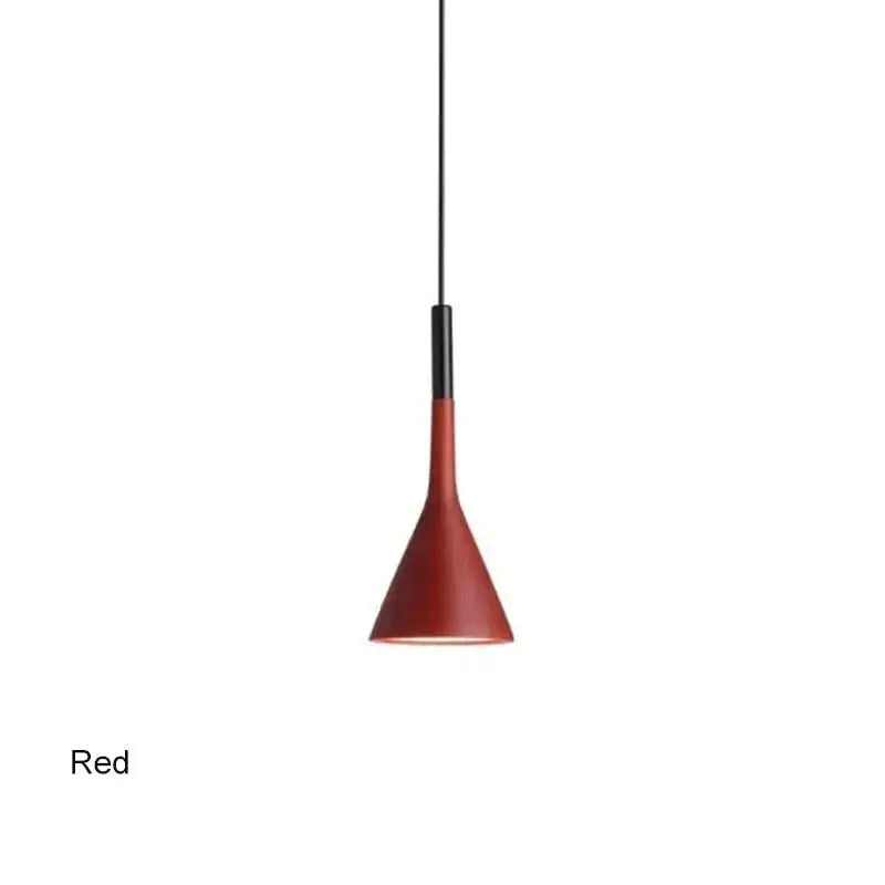 Red conical funnel pendant light with sleek matte finish and black hanging cord in black minimalist funnel design