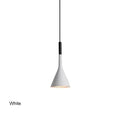White conical funnel pendant light with sleek matte finish and black cord in black minimalist funnel pendant style