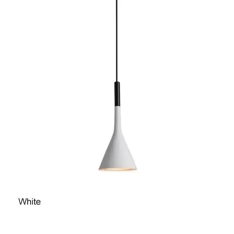 White conical funnel pendant light with sleek matte finish and black cord in black minimalist funnel pendant style