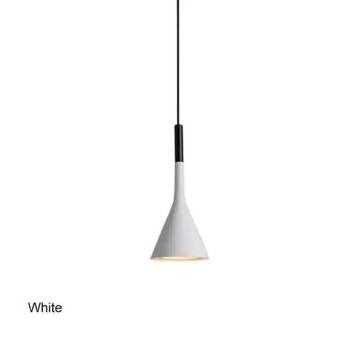 White conical funnel pendant light with sleek matte finish and black cord in black minimalist funnel pendant style