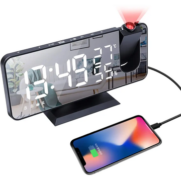 Black mirror led projection digital alarm clock with a reflective surface displaying time and temperature in white led digits