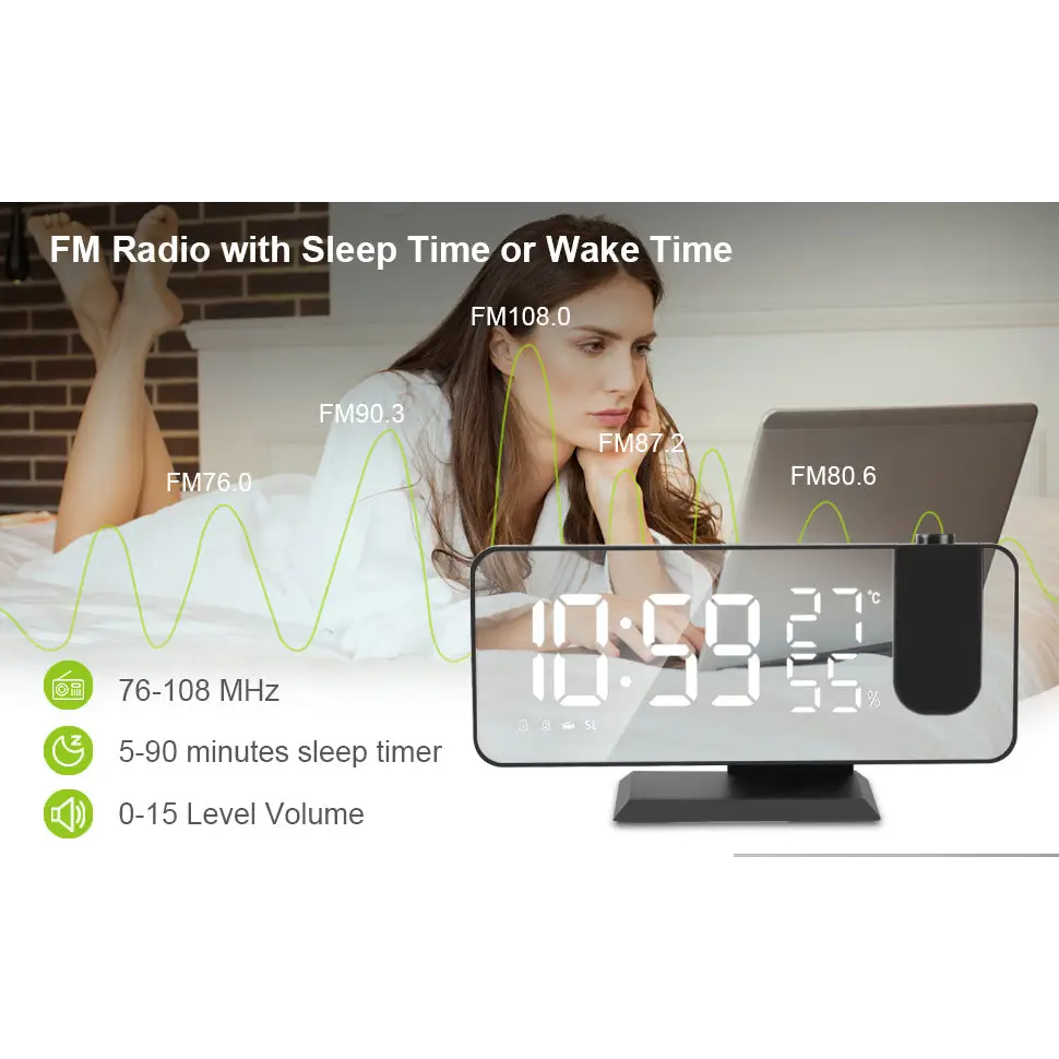 Black mirror led projection digital alarm clock with sleek black and silver design featuring led display of time temperature and battery percentage