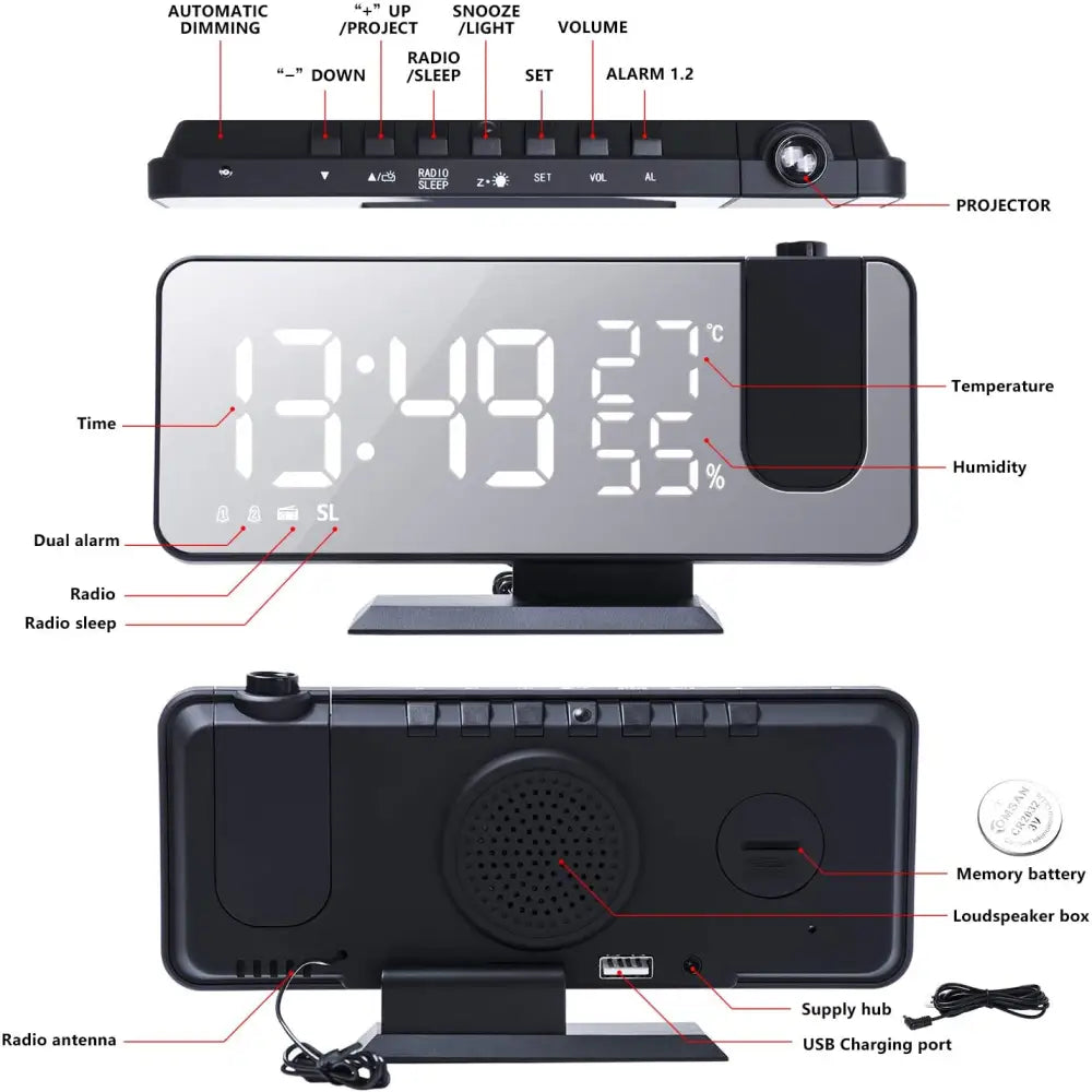 Black mirror led projection digital alarm clock displaying time and temperature with built-in led projection feature