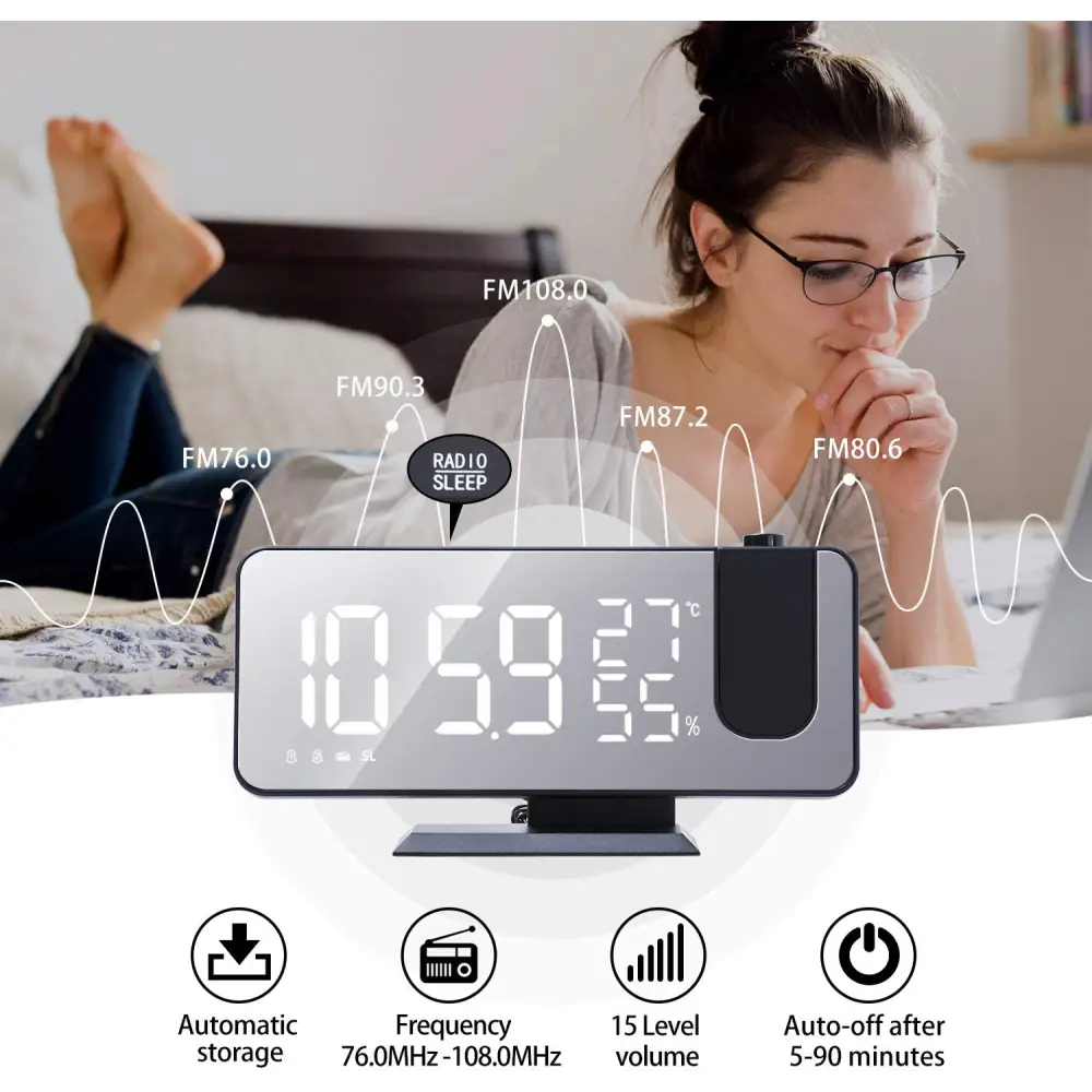 Black mirror led projection digital alarm clock in sleek silver and black displays time temperature and humidity on led screen