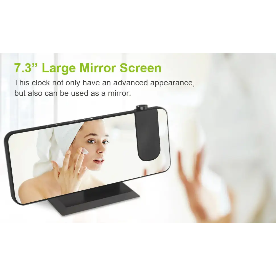 7.3-inch black mirror led projection digital alarm clock with large reflective screen displaying woman applying skincare