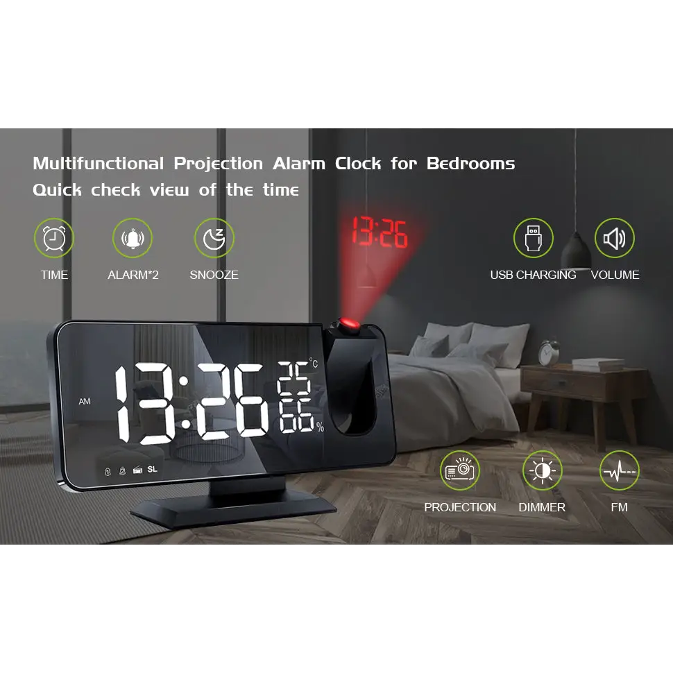Black multifunctional mirror led projection digital alarm clock with sleek display showing time temperature and humidity