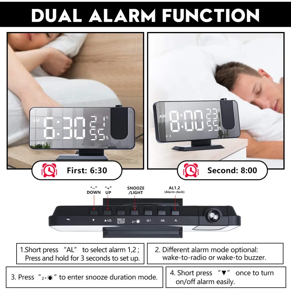 Black mirror led projection digital alarm clock with dual alarm function and sleek modern led display for time and temperature