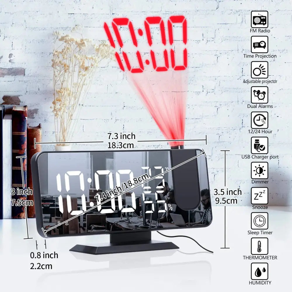 A sleek black mirror led projection digital alarm clock with reflective screen displaying time and temperature