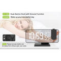 Black mirror led projection digital alarm clock with sleek rectangular design displaying time and temperature on screen