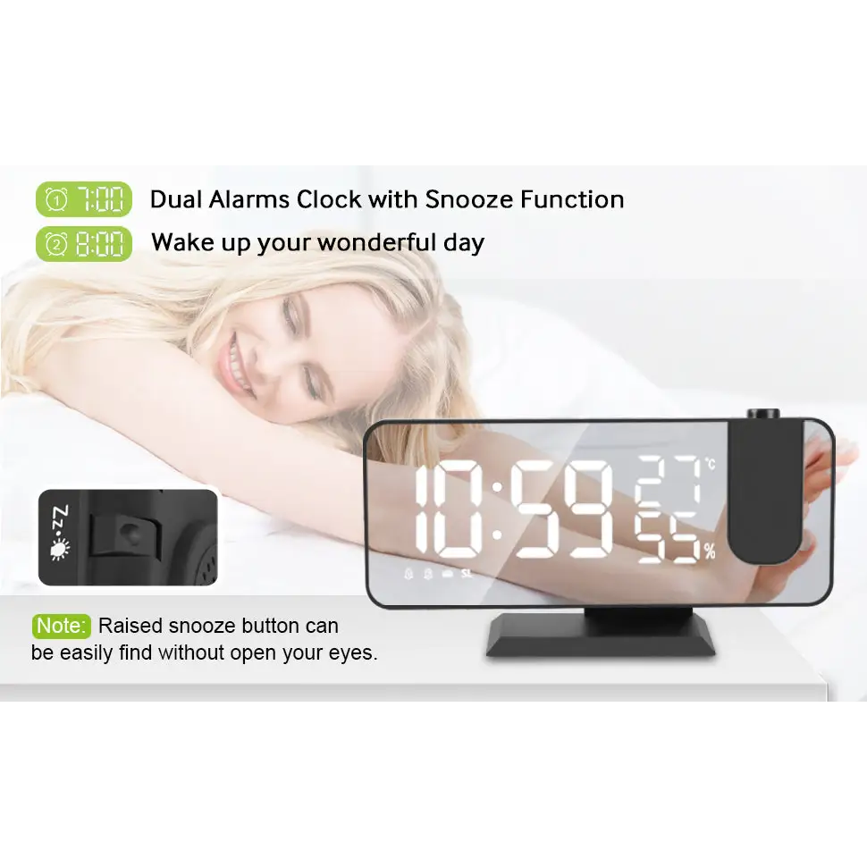 Black mirror led projection digital alarm clock with sleek rectangular design displaying time and temperature on screen