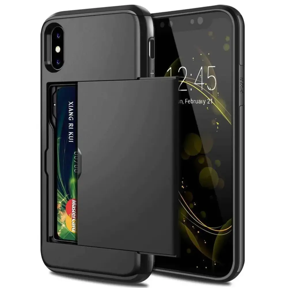 Black mobile phone card case showing back side with integrated mastercard slot for secure card storage