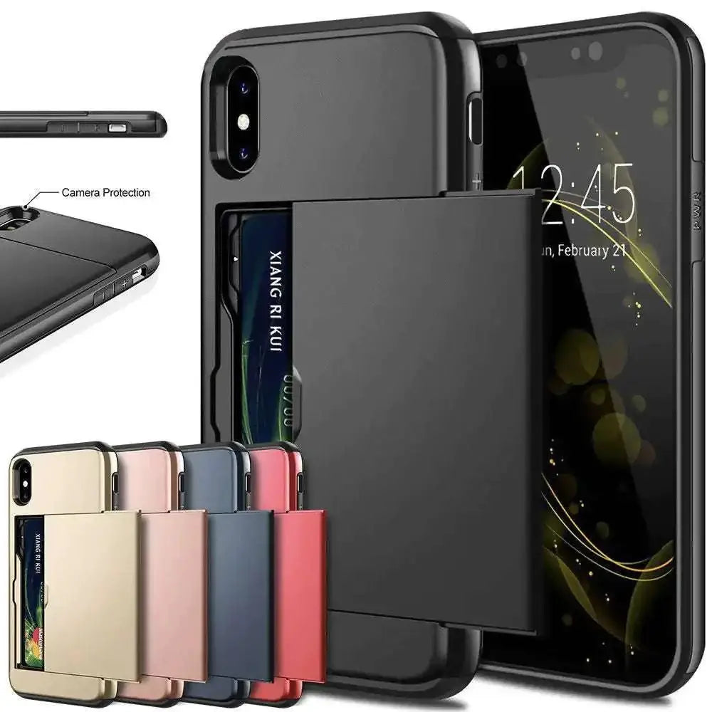 Black mobile phone card case with mastercard slot showing back side with built-in card slot and camera protection