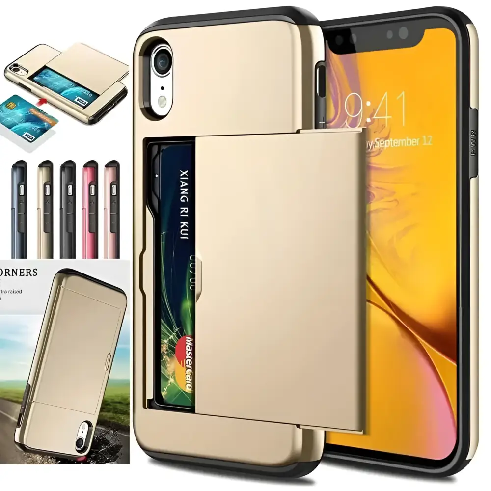 Gold-colored phone card case with mastercard slot and black edges shown from the back side