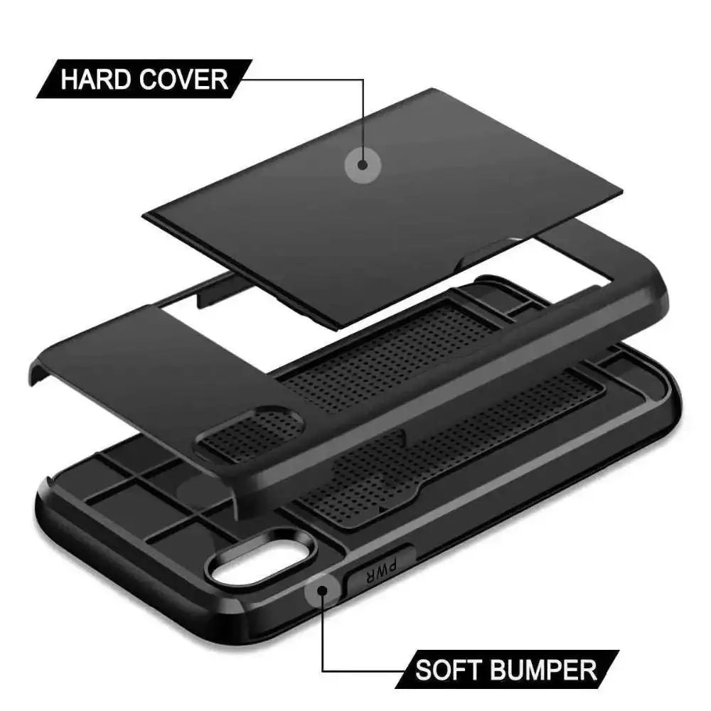 Black mobile phone card case showing back side with integrated mastercard slot for secure card storage