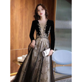Black velvet elegant black moderator long sleeve annual party dress with gold embroidery and sheer overlay