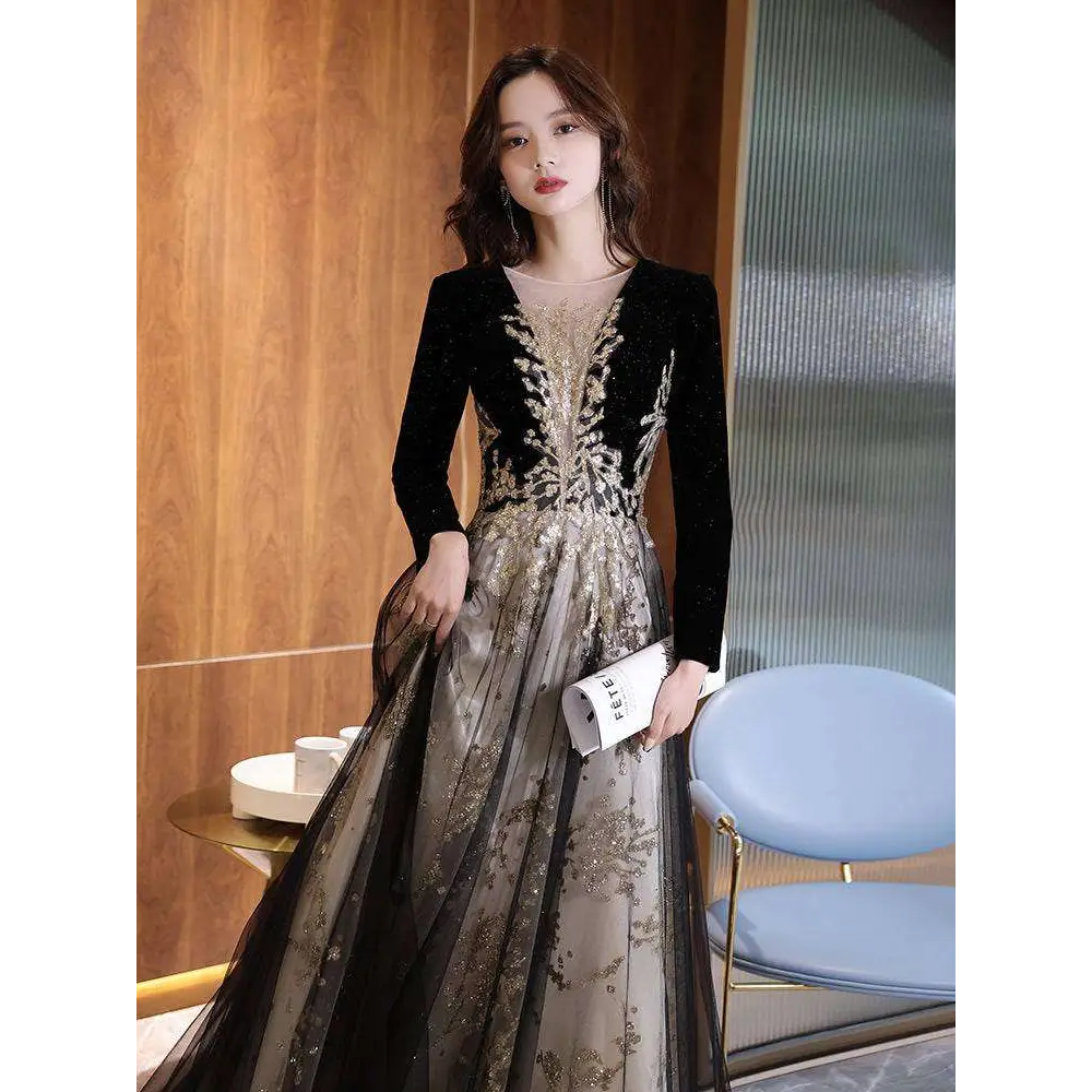 Black velvet elegant black moderator long sleeve annual party dress with gold embroidery and sheer overlay